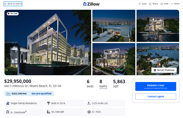 Zillow listing for 440 S Hibiscus Dr, Miami Beach