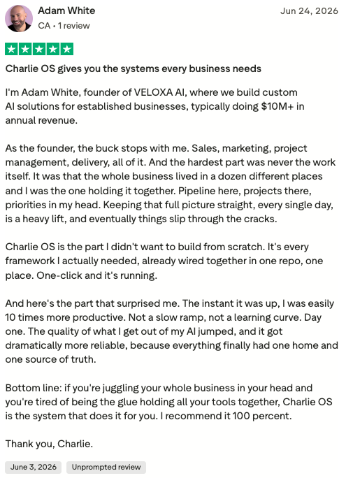 Trustpilot review from Adam White, Veloxa AI