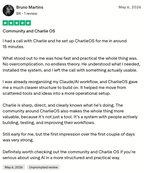 Bruno Martins — 5-star Trustpilot review: Community and Charlie OS
