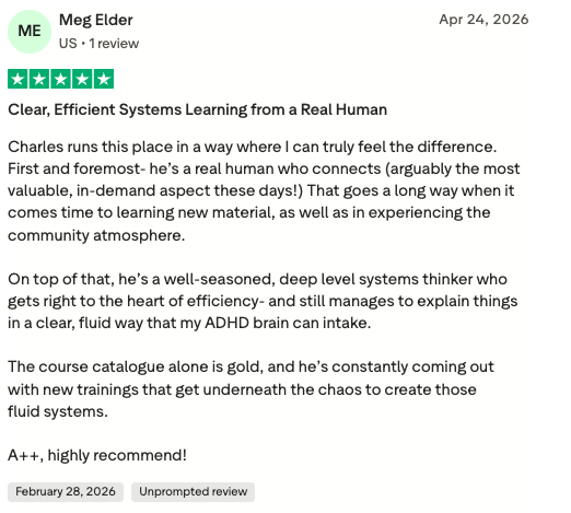 Meg Elder — 5-star Trustpilot review: Clear, efficient systems learning from a real human